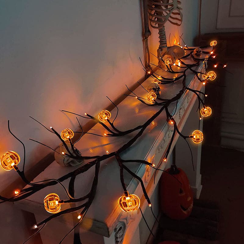 Halloween LED Willow Vine String Lights - Bat & Pumpkin Decor