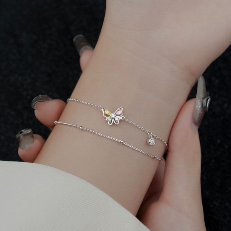 Silver Diamond-Studded Butterfly Bracelet