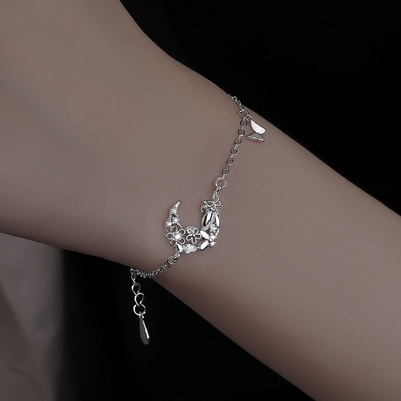 Silver Diamond-Studded Butterfly Bracelet